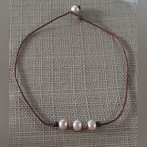 New Handmade Light Pink & Gold 3 Pearl & Brown Leather Necklace